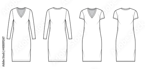 T-shirt dress technical fashion illustration with V-neck, long, short sleeves, knee length, oversized body, Pencil fullness. Flat apparel template front, back, white color. Women men unisex CAD mockup