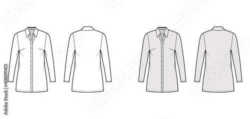 Shirt dress technical fashion illustration with classic regular collar, mini length, oversized body, button up. Flat apparel template front, back, white, grey color. Women, men, unisex CAD mockup