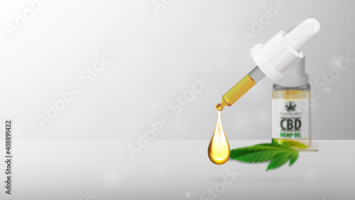 White blank template with glass transperent bottle of Medical cbd oil and hemp leaf with pipette