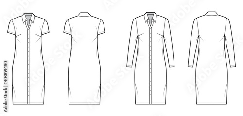 Shirt dress technical fashion illustration with classic regular collar, knee length, oversized body, Pencil fullness, button up. Flat apparel template front, back, white color. Women, men CAD mockup