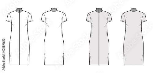 Turtleneck zip-up dress technical fashion illustration with short sleeves, knee length, oversized body, Pencil fullness. Flat apparel template front, back, white, grey color. Women, unisex CAD mockup