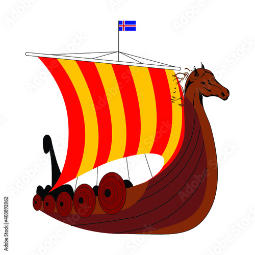 Floating Wooden Viking Ship in Iceland as Water Transport Vector Illustration