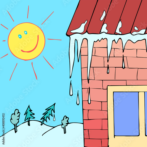 Warming in the middle of winter, the snow is melting. Vector illustration