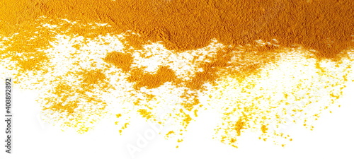 Turmeric (Curcuma) powder pile isolated on white background and texture, top view