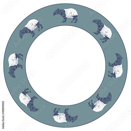 Round animal ornament or frame with silhouettes of Malayan tapir. (Tapirus indicus). Hand drawn sketch.