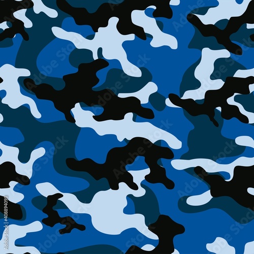 blue Abstract camo army patterned textile. Forest background. Vector.