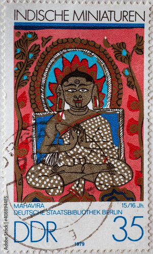 GERMANY, DDR - CIRCA 1979 : a postage stamp from Germany, GDR showing an Indian miniatures: Mahavira (15th - 16th century) .