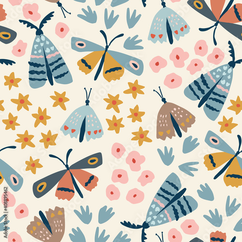Floral seamless pattern. Hand drawn colorful flowers with flying butterflies and moth. Flat modern kids design for textile, fabric, wrapping paper. Meadow, garden vector illustration background.