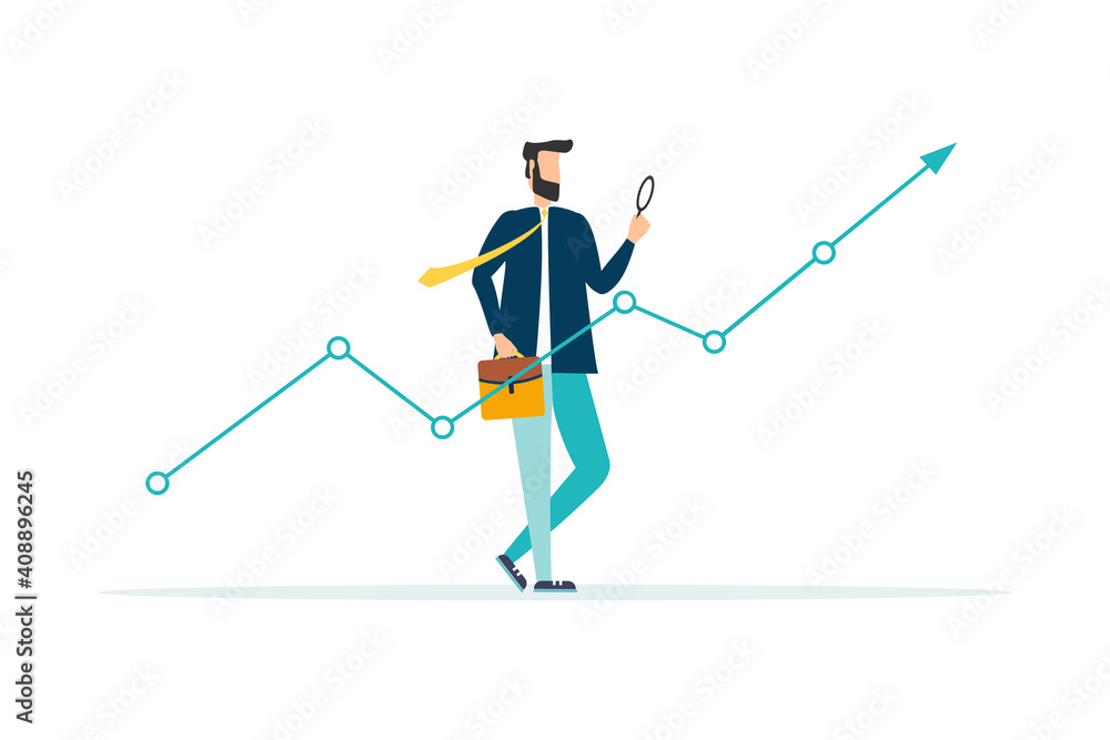 Stock market data analysis, financial research professional or investment and economic forecast concept, smart businessman analyst using magnifying glass look in details on market data rising graph.