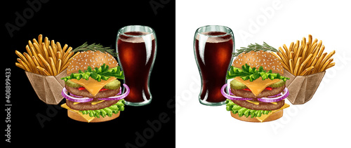 Fast food combo with delicious big burger, cola soda in the glass and french fries hand drawn illustration isolated on white and black background