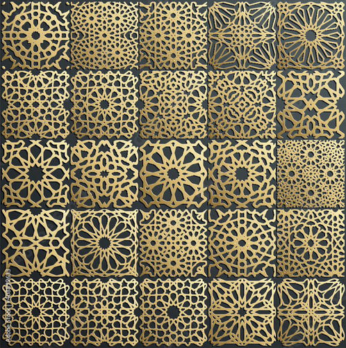 Gold ornament on black. Islamic pattern set. Arabic geometric pattern bundle, east ornament, indian ornament, persian motif. Eid mubarak wall art gold texture template.