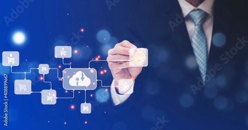 Businessman touching connect to data information on the cloud icon computing network., Backup Storage Data Internet, networking and digital, Share global, and technology, concept.
