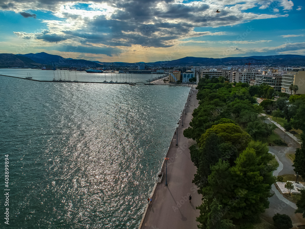 Aerial photo over Volos city and the port in Magnesia, Greece