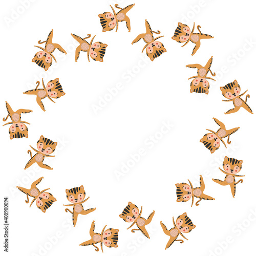 Round frame for text from cartoon characters of tigers with cheerful smiles holding in a half moon pose Ardha Chandrasana from yoga on a white background. Blank isolated template. Vector.