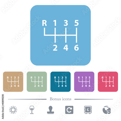 Six speed manual gear shift flat icons on color rounded square backgrounds