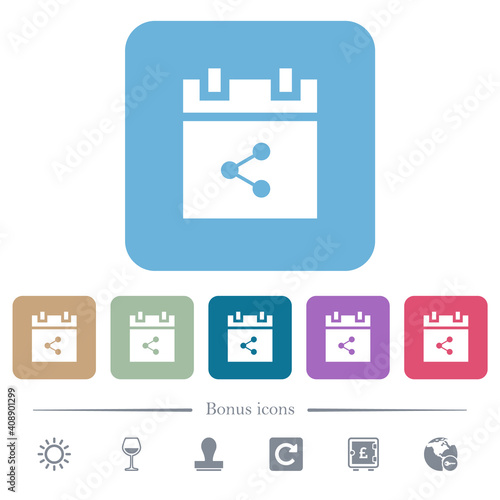 Share schedule item flat icons on color rounded square backgrounds