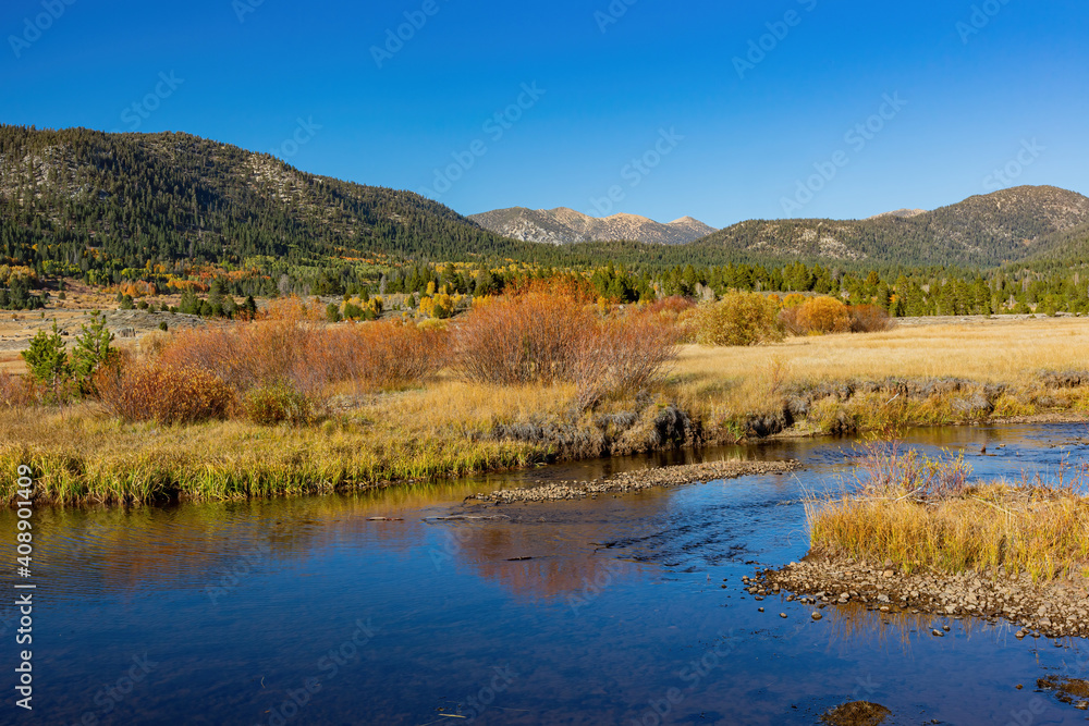 Sunny view with beautiful fall color along the Hope Valley in Lake Tahoe area