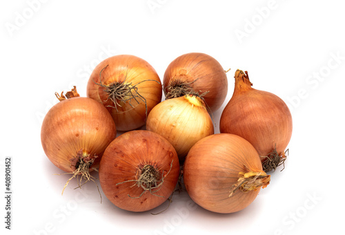 A handful of yellow onions isolated on a white background