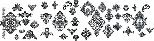 Set of Oriental vector damask patterns for greeting cards and wedding invitations.