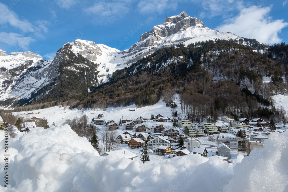 Snowy winter view at a swiss ski resort of Engelberg