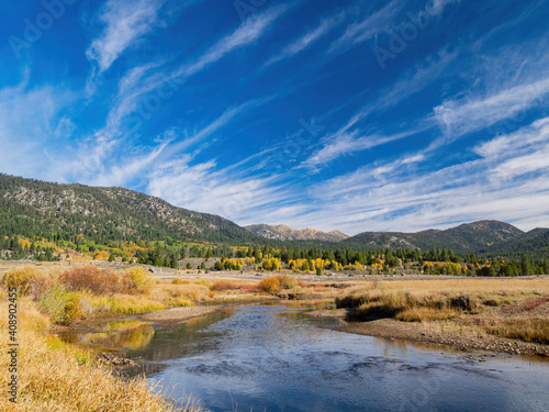 Sunny view with beautiful fall color along the Hope Valley in Lake Tahoe area