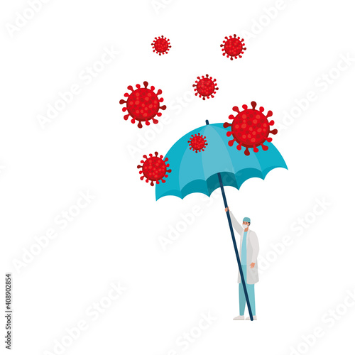 male doctor with one safety mask, red particles and one umbrella