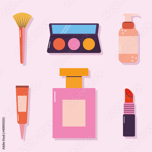 set of makeup icons on a pink background