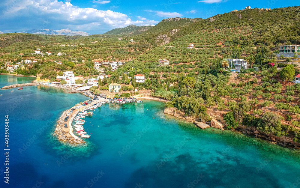 Aerial panoramic view of the beautiful coastal village Kitries, located near Kardamili about half an hour from Kalamata city, Messenia. Amazing summer scenery in the Messenian Gulf, Greece
