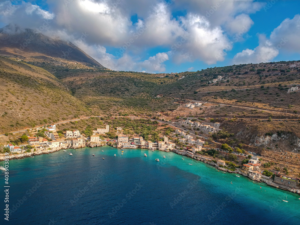 Iconic aerial view over the picturesque famous Limeni village in Mani area Laconia, Greece