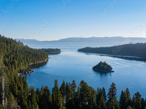 Sun rise view of the Lake Tahoe, Emerald Bay and Fannette Island
