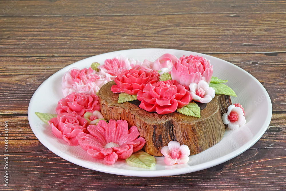 Beautiful flowers shaped Coconut milk jelly, famous Thai dessert
