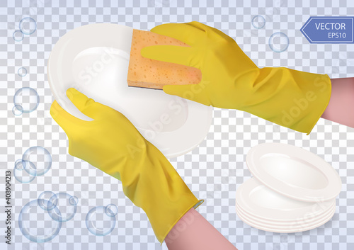 Realistic 3d hands in gloves. Washing dishes with a sponge. Cleaning house in gloves. Woman housewife washing the dishes. Vector illustration.