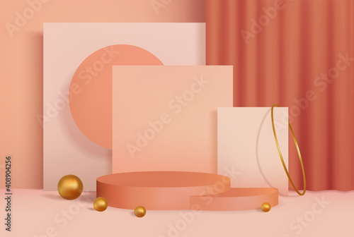 3d podium. Vector background 3d illustration for product. Ad mockup rendering modern platform with a curtain and golden balls.