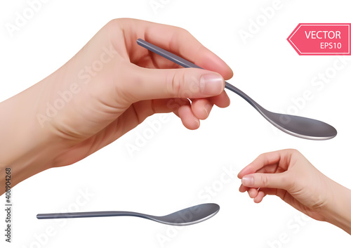 Realistic 3d hand with a spoon. Woman hand isolated on white background. Vector illustration.