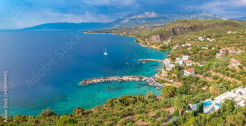 Aerial panoramic view of the beautiful coastal village Kitries, located near Kardamili about half an hour from Kalamata city, Messenia. Amazing summer scenery in the Messenian Gulf, Greece photo