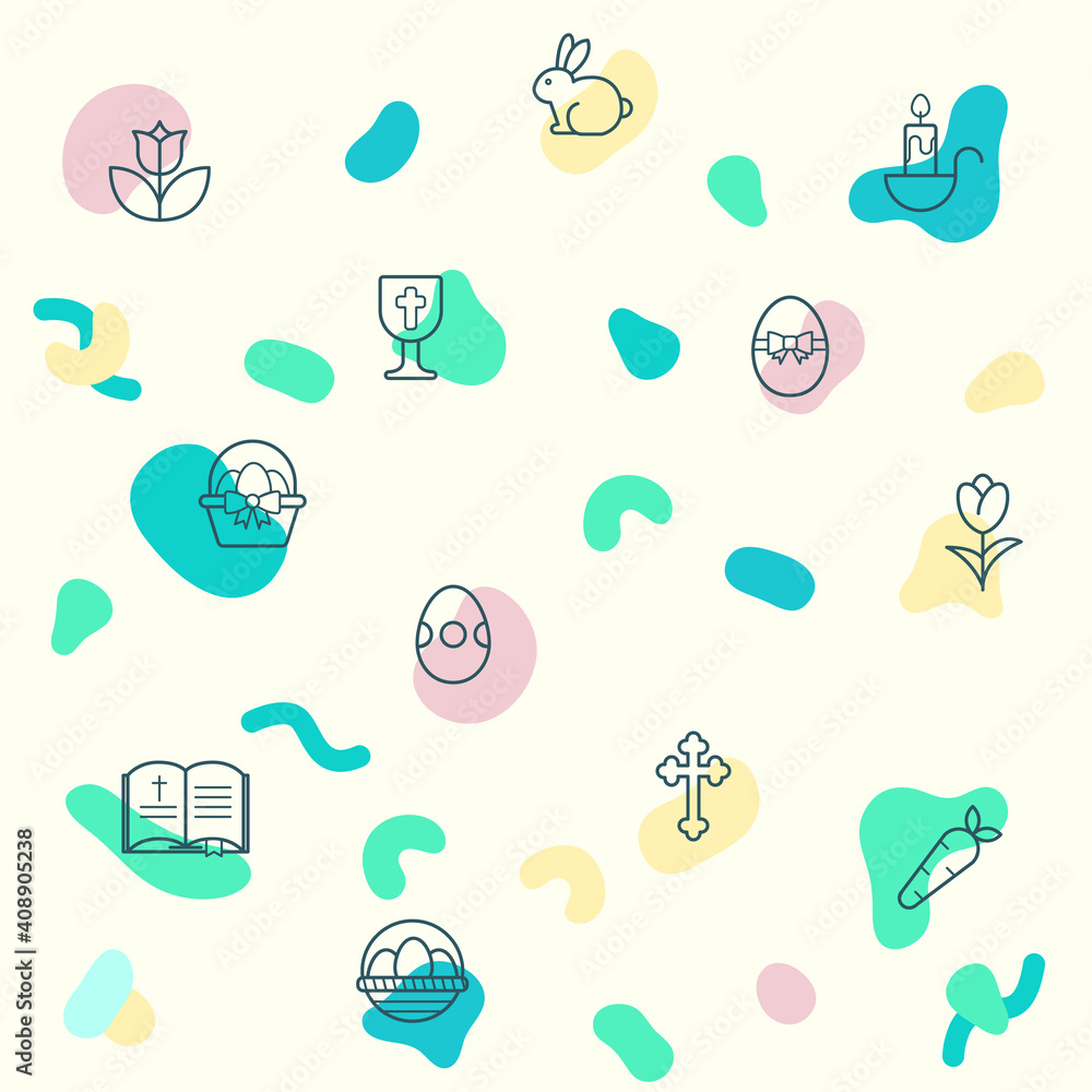 Seamless pattern on the theme of easter, christianity, eggs, religion, bunny, gifts, spring, rabbit, celebration, decoration and more. simple color icons on beige background.