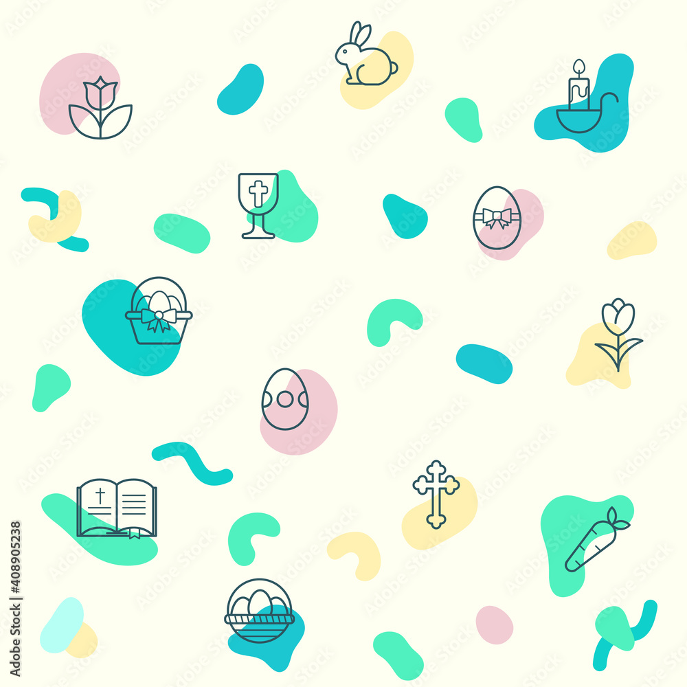 Seamless pattern on the theme of easter, christianity, eggs, religion, bunny, gifts, spring, rabbit, celebration, decoration and more. simple color icons on beige background. Seamless pattern on the theme of easter, christianity, eggs, religion, bunny, gifts, spring, rabbit, celebration, decoration and more. simple color icons on beige background.