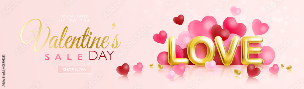 Happy Valentine's day design. Seasonal marketing design banner with golden love alphabet and heart shaped Balloons on pink background. 3D vector illustration