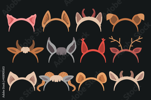 Cartoon Cute Headband with Ears Holiday Set. Flat Design Style. Masquerade head decor and mask set. Vector illustration