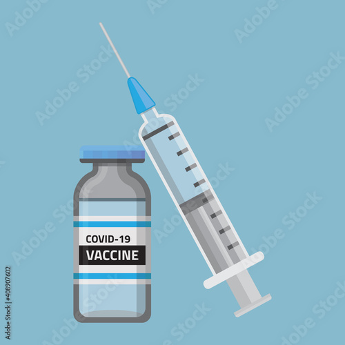 Covid-19 coronavirus vaccine. Syringe and vaccine vial flat icons. Treatment for coronavirus covid-19. Immunization and treatment. Vector illustration blue.