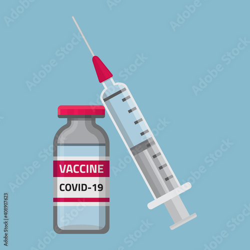 Covid-19 coronavirus vaccine. Syringe and vaccine vial flat icons. Treatment for coronavirus covid-19. Immunization and treatment. Vector illustration red.