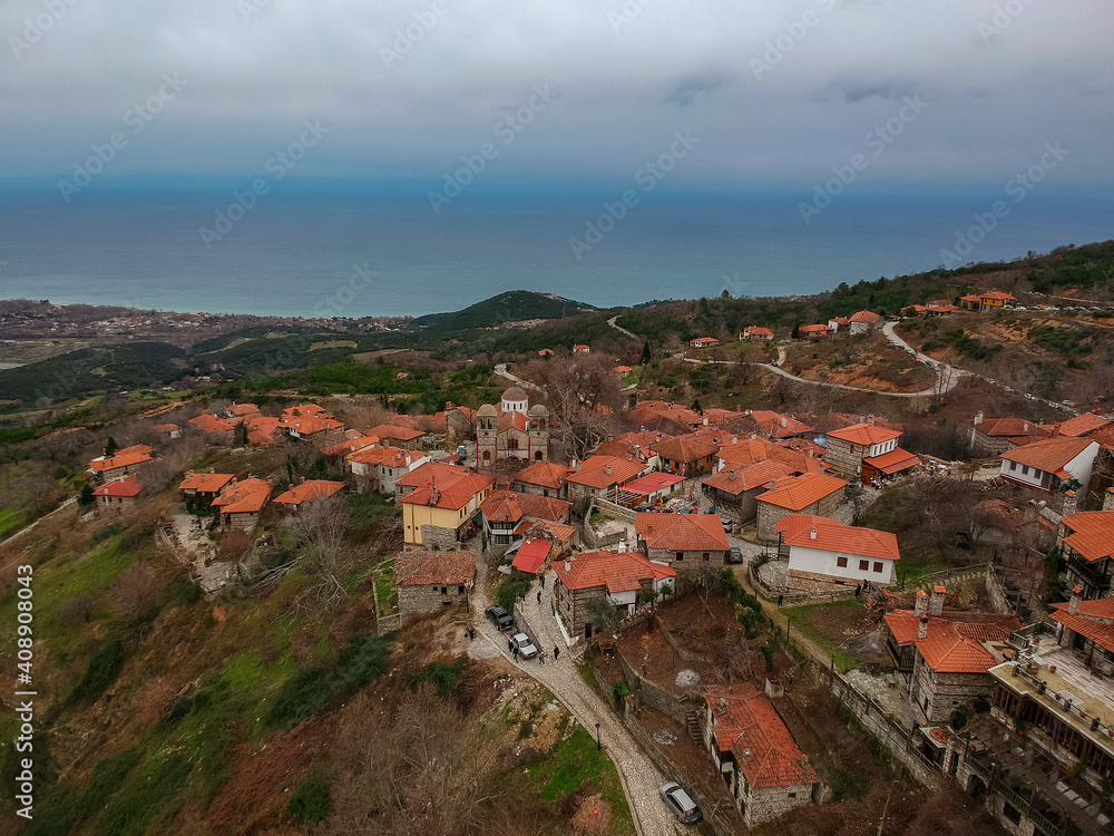 Aerial panoramic view of Paleos Panteleimonas Village. It is an old picturesque village in the prefecture of Pieria. It is built at an altitude of 1100 meters on the eastern slopes of Mount Olympus