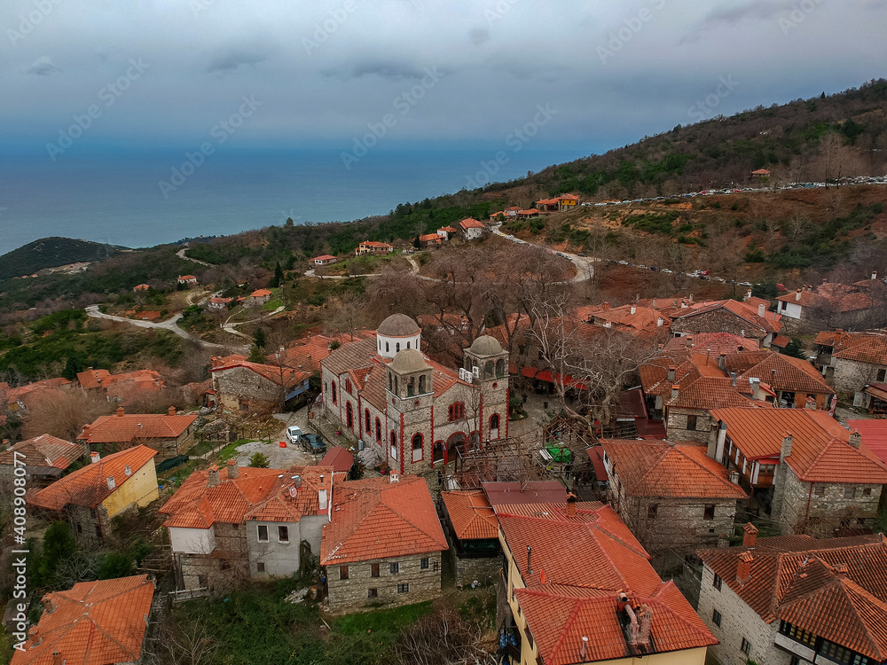 Aerial panoramic view of Paleos Panteleimonas Village. It is an old picturesque village in the prefecture of Pieria. It is built at an altitude of 1100 meters on the eastern slopes of Mount Olympus