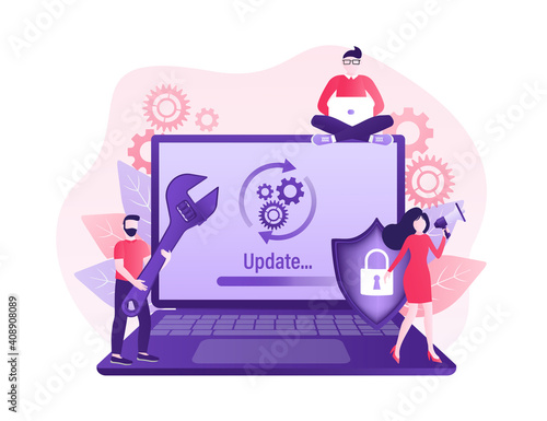 Cartoon software update people for mobile app design. Isometric vector illustration. Mobile application design. Technology network vector illustration.