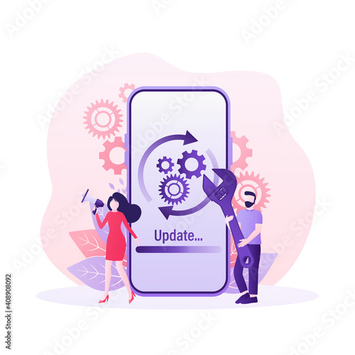 Cartoon software update people for mobile app design. Isometric vector illustration. Mobile application design. Technology network vector illustration.