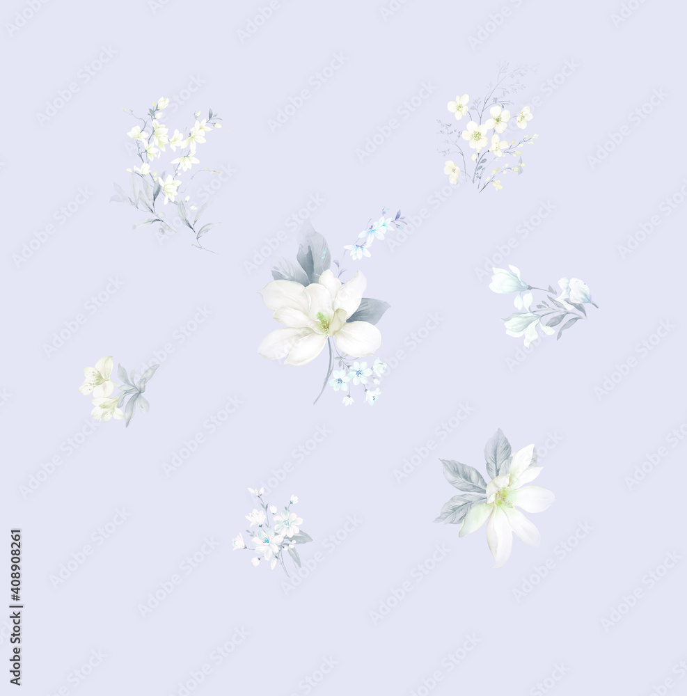 Flowers watercolor illustration.Manual composition.Big Set watercolor elements，Design for textile, wallpapers，Element for design,Greeting card