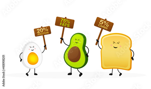 Keto diet concept in cartoon style. Isolated vector illustration. White background. Good diet.