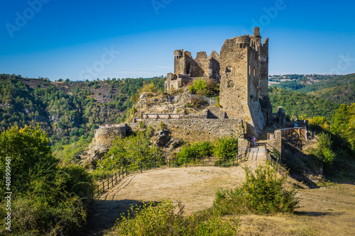 View on the ruins of Chateau Rocher  an 11th century castle that stands over the Sioule river gorge