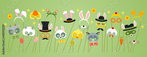 Cute Easter photo booth props as set of party graphic elements of easter bunny costume as mask, ears, eggs, carrot etc. Vector illustration