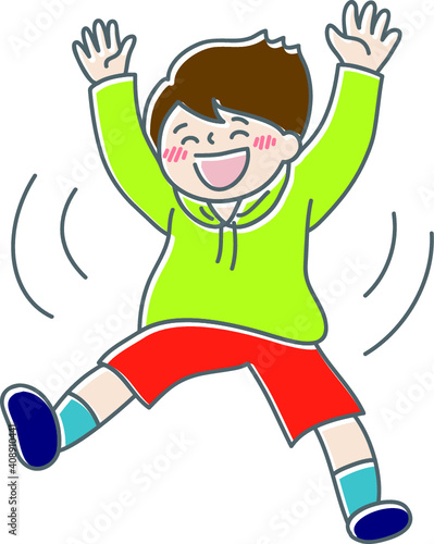 万歳をしながらジャンプして喜ぶ男の子のイラスト